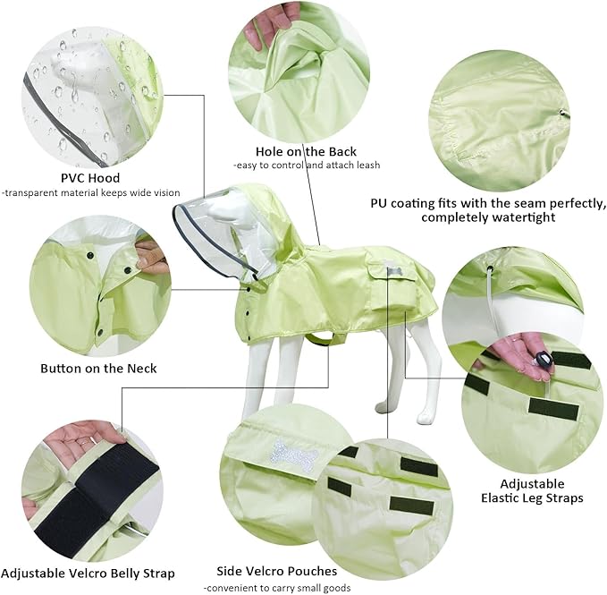 Waterproof Dog Raincoat, Adjustable Reflective Lightweight Pet Rain Clothes with Poncho Hood(Large,Light Green)