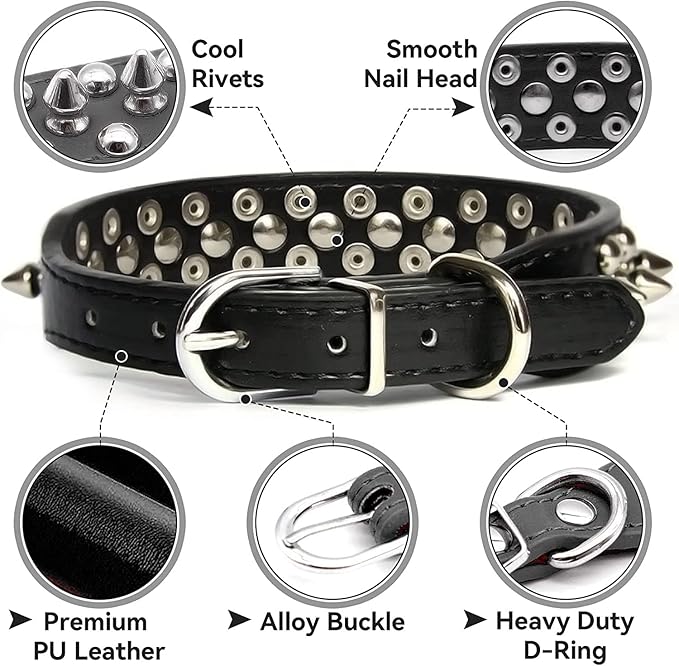 Spiked Dog Collar Soft Pu Leather Mushrooms Rivet Spike Studded Puppy Adjustable Pet Collars for Small Breeds (S, Black)