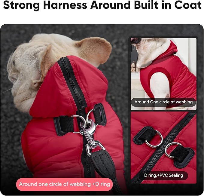 Fleece Lining Dog Hoodie with Harness Built in,Extra Warm Medium Dog Jacket in Winter Doggie Coats with Hooded,Red XL