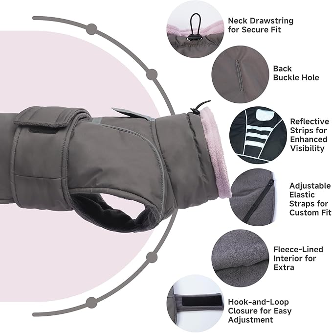 Dog Winter Coat for Small to Large Dogs(XS-XXXL)– Waterproof Windproof Fleece Lined Jacket with Reflective Trim,Pet Vest with Adjustable Buckles, Machine Washable Grey 2XL