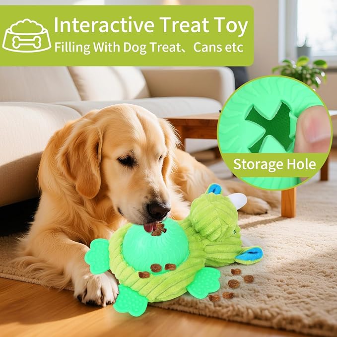 Interactive Dog Toys, Plush Dog Toy with Treat Dispensing Ball, Squeaky Dog Toy with Cute Plastic Paws for Playing,Slow Eat Hiding Food Enrichment Toy for Small & Medium Breeds(Green)