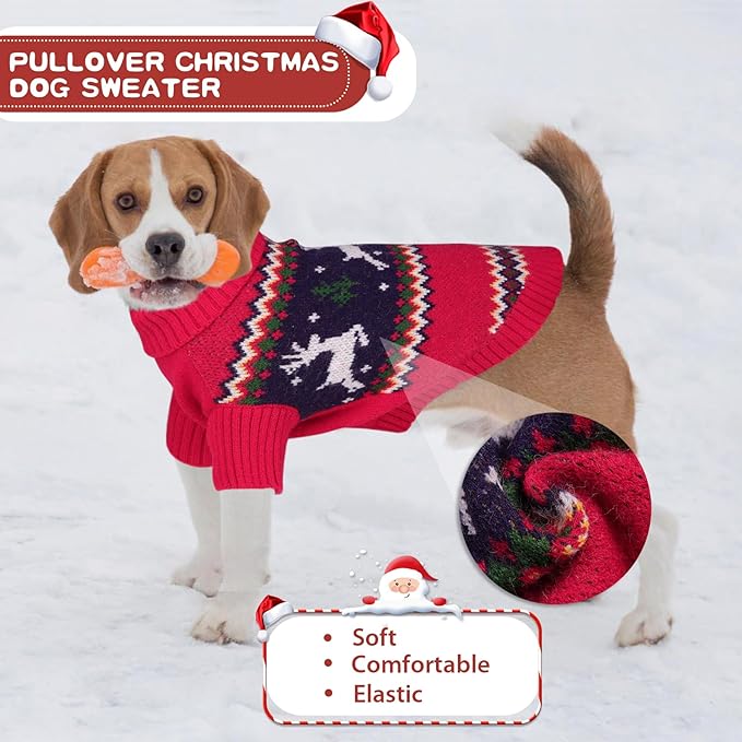 Queenmore Christmas Dog Sweater - Knitted Pullover Turtleneck Outfit, Warm Clothes for Small Dogs Boys or Girls L