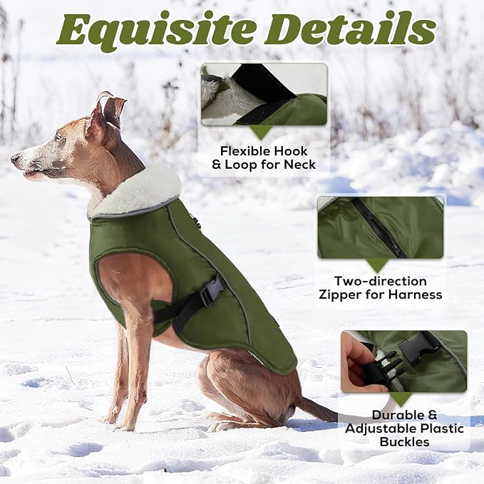 EMUST Winter Dog Jacket, Windproof Dog Apparel for Cold Weather, Reflective Coats for Dogs, Warm Puppy Jacket for Cold Winter, Green, S