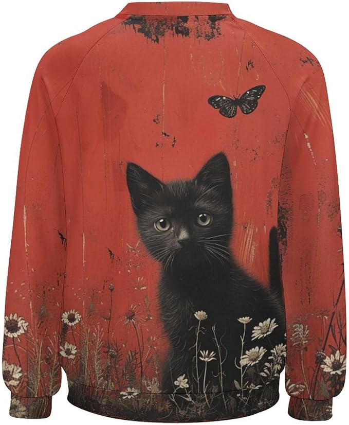 Long Sleeve Shirts for Women Cat Oil Painting Shirt 3D Graphic Sweatshirts Fall Pullover Crewneck Vintage Boho Tops
