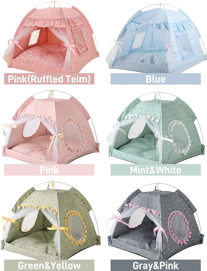Cat Bed Tents Dog House Indoor Outdoor Lace Mesh Breathable Windows Door Curtains Removable Portable Nest Teepe House (Medium,Pink(Ruffled Teim))