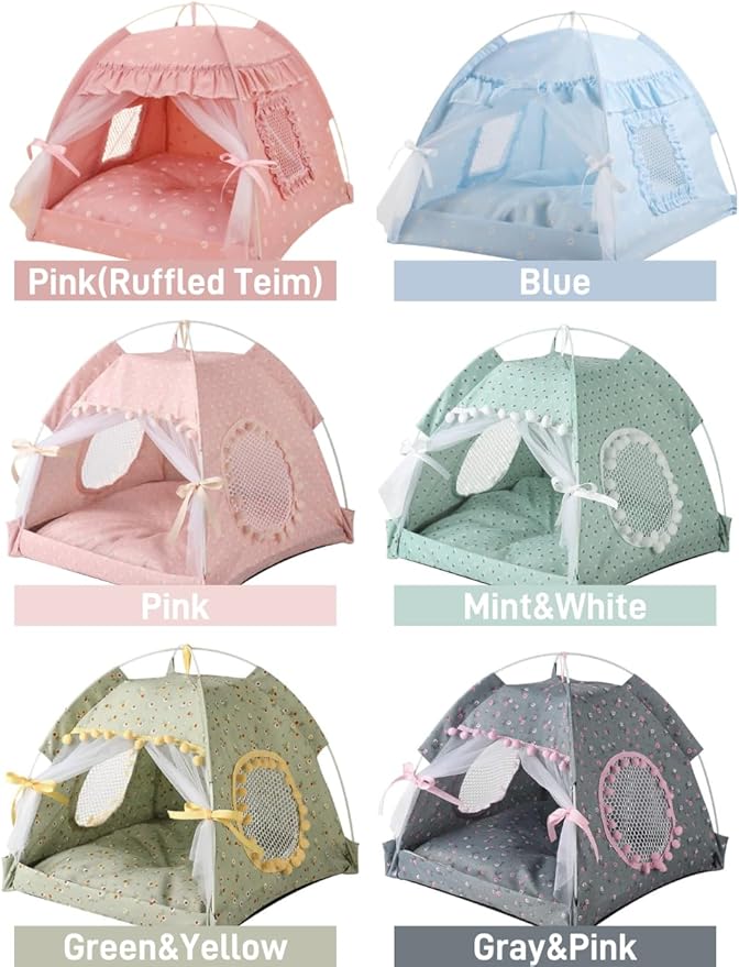 Cat Bed Tents Dog House Indoor Outdoor Lace Mesh Breathable Windows Door Curtains Removable Portable Nest Teepe House (Small,Gray&Pink)
