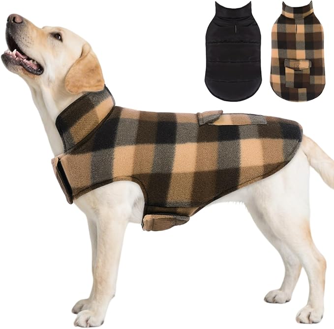 ASENKU Dog Winter Jacket Plaid Reversible Vest, Waterproof Dog Coat for Cold Weather, Perfect for Small to Large Dogs (Coffee, M)