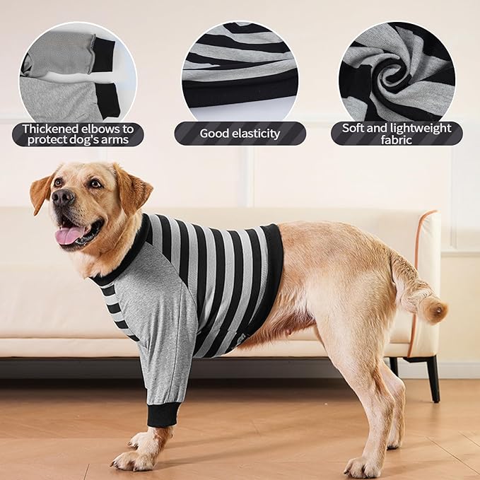 FUAMEY Dog Recovery Sleeve with Elbow Protector,Dogs Shirt Stop Licking Joints,Pet Long Sleeve Suit Protecting Dog's Front Leg Arm Wounds Cover Skin Conditions Black Stripes L