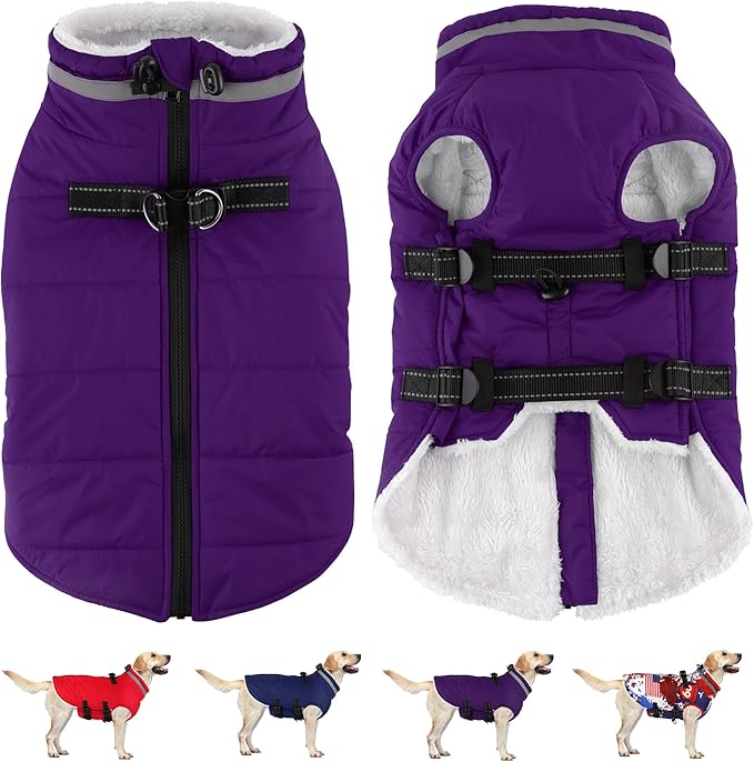 Dogcheer Dog Coat with Harness, Waterproof Dog Jacket Adjustable Pet Winter Coat with Zipper, Christmas Puppy Snow Jacket Fleece Sweater for Small Medium Large Dogs - Purple M