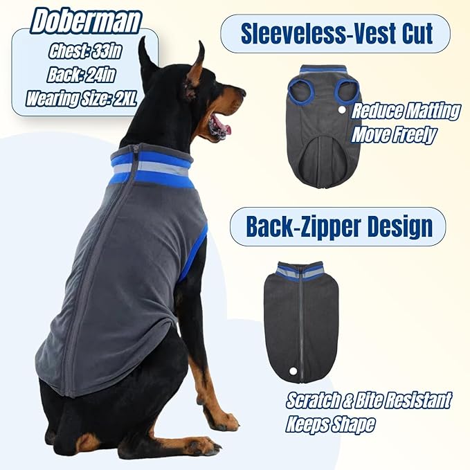 Winter Warm Turtleneck Fleece Vest Dog Clothes, Ultra-Soft & Snug-Fit Puppy Coat for Large Dogs with Back-Zipper, Thermal Doggie Vests Sweatshirt with Reflective Strip, Pet Sweater Male Girl(Grey, L)