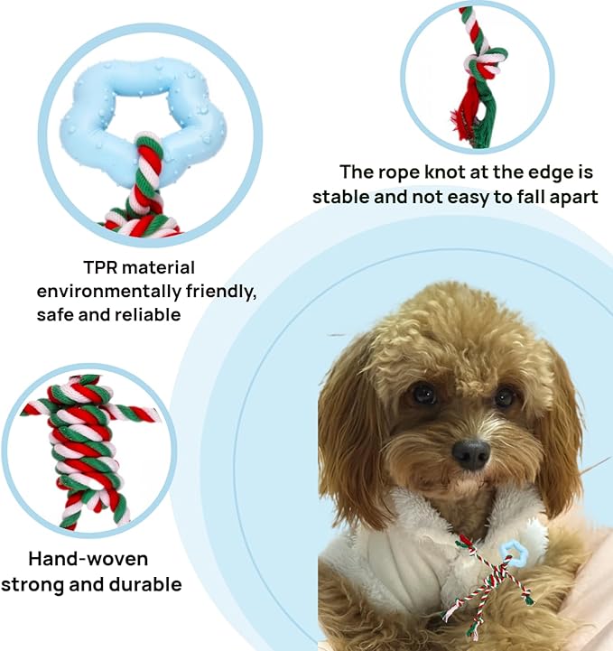 Christmas Puppy Teething Toy for Small & Medium Dogs (20–65lbs), TPR + Cotton Rope Chew Toy for Aggressive Chewers, Indoor & Outdoor Teeth Cleaning Toy for 2–12 Month Dog