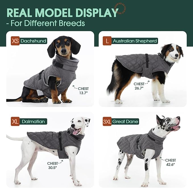 Kuoser Dog Coat Warm Fleece Lining Turtleneck Dog Jacket with Harness Built-in, Adjustable Windproof Cold Weather Coats with Quick Release Buckle Pet Winter Snowsuit for Extra Large Dogs, Grey 3XL