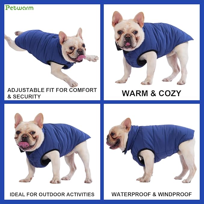 PetWarm Reversible Dog Cold Weather Coats, Waterproof Dog Puffer Vest, Vest for Dogs with Hook-and-Loop Strap, Windproof Outdoor Coat for Winter Walks and Snowy Days, Blue, M
