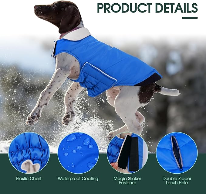 Kuoser Dog Coat Small, Cold Weather Reflective Waterproof Dogs Jacket with Warm Fleece Lining, Turtleneck Dog Winter Coat with Zipper, Doggy Snow Jacket Pet Coats for Small Medium Large Dogs, Blue S