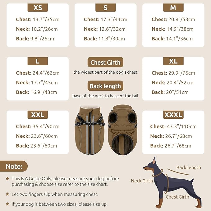 Dog Winter Coat with Harness Built in Warm Puffer Dog Jackets for Small Medium Large Dogs Windproof Waterproof Outfit with Plush Lining and Reflective Stripes (Brown, XS)