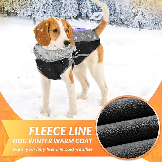 SlowTon Dog Jacket with Harness Built in - Waterproof Fleece Winter Warm Dog Coats for Small Medium Dogs, Reflective Adjustable Furry Puppy Vest Clothes for Outdoor Walking (PU, L)
