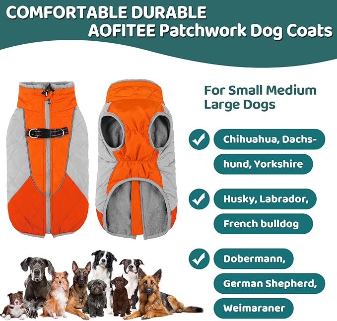 AOFITEE Dog Winter Coat, Dog Coat for Large Dogs, Reflective Large Dogs Jacket with Harness Built in and Fleece Lined, Waterproof Pet Winter Jacket Warm Snowsuit for Cold Weather, Orange XXL