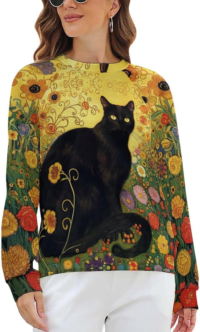 Long Sleeve Shirts for Women Cat Oil Painting Shirt 3D Graphic Sweatshirts Fall Pullover Crewneck Vintage Boho Tops