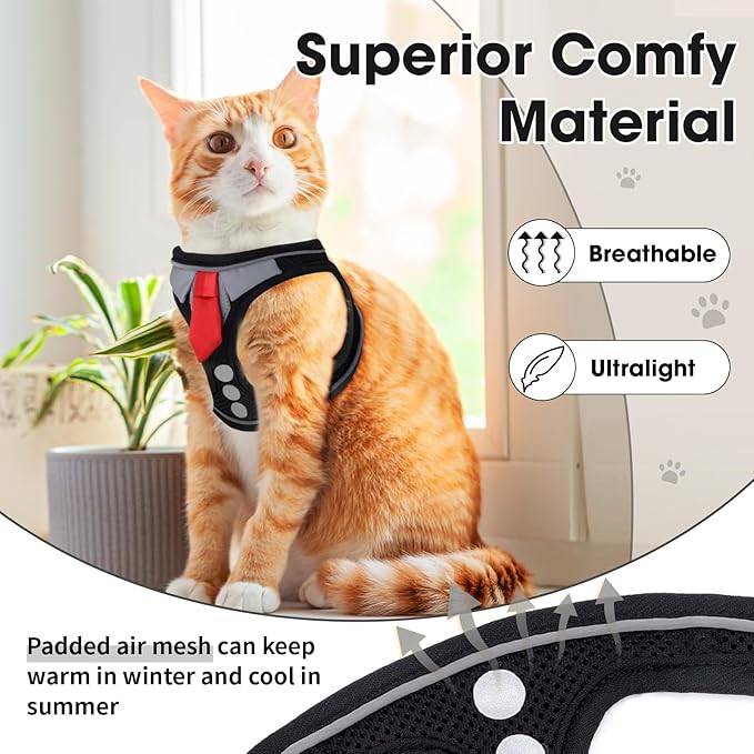 Cat Harness and Leash Set for Walking Escape Proof, Soft Adjustable Kitten Harness Breathable Mesh with Reflective Strips Harness for Kitty Puppy Bunny(Black,XS)