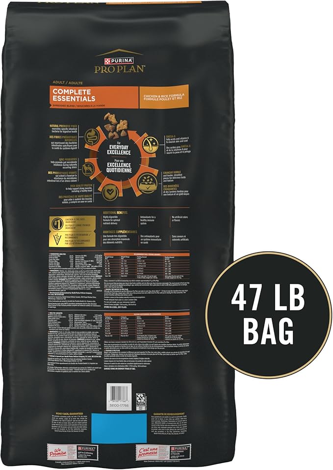 Purina Pro Plan Complete Essentials Shredded Blend Chicken and Rice Dog Food Dry Formula with Probiotics for Dogs - 47 lb. Bag