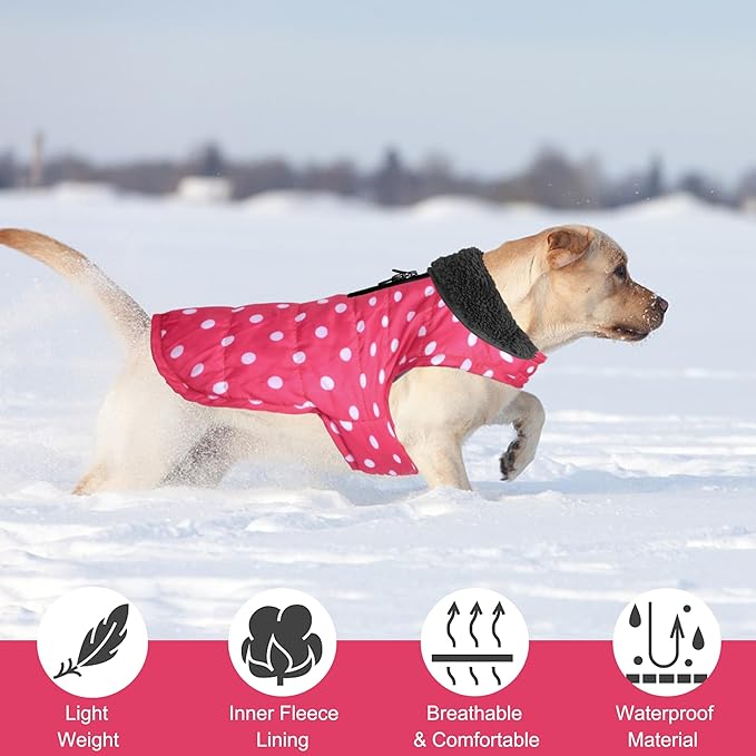 Dog Winter Coat, Waterproof Dog Jacket with Leash Hole, Reflective Adjustable Pet Snow Vest, Warm Fleece Sweater for Small Medium Large Dogs - Pink Polka Dot, 3XL