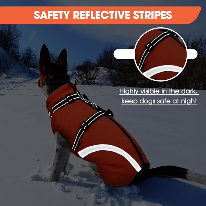 BRKURLEG Dog Winter Jackets for Small Dogs, Dog Coat with Harness Built in, Dogs Snowsuits with Zipper, Waterproof Windproof Pet Puffer Jacket Fleece Vest for Shih Tzu, Maltese, Orange S