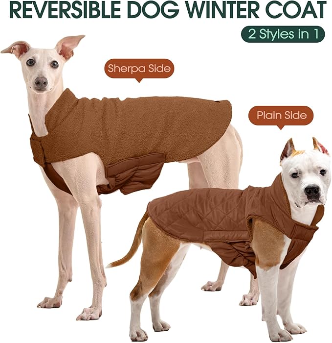 Kuoser Reversible Dog Coat – Warm Fleece & Quilted Waterproof Dog Jacket, Double-Sided Cold Weather Dogs Winter Coat with Harness Hole, Windproof Pet Snow Vest for Small Medium Large Dogs, Brown 3XL