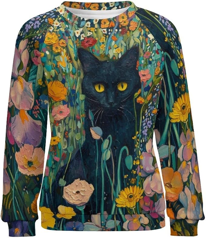 Long Sleeve Shirts for Women Cat Oil Painting Shirt 3D Graphic Sweatshirts Fall Pullover Crewneck Vintage Boho Tops