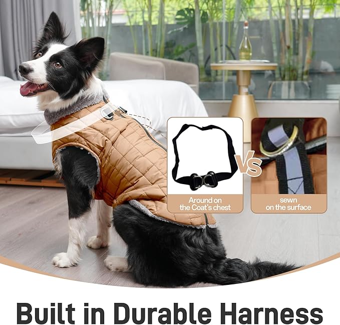 Warm Fleece Dog Coats with Durable Harness Buitl in D-Ring,Waterproof Doggie Jacket for Large Dogs,Dog Vest for Cold Winter,Burnished Khaki XXL