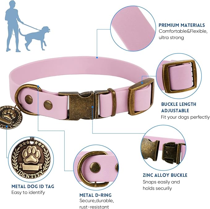 Wisedog Dog Collar and Leash Set, Waterproof Adjustable Puppy Collars with Cute Tag 6FT Dog Leash with Poop Bag for Small Medium Large Dogs (L, Pale Pinkish Purple)