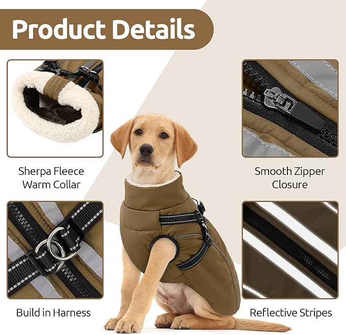 Dog Winter Coat with Harness Built in Warm Puffer Dog Jackets for Small Medium Large Dogs Windproof Waterproof Outfit with Plush Lining and Reflective Stripes (Brown, S)
