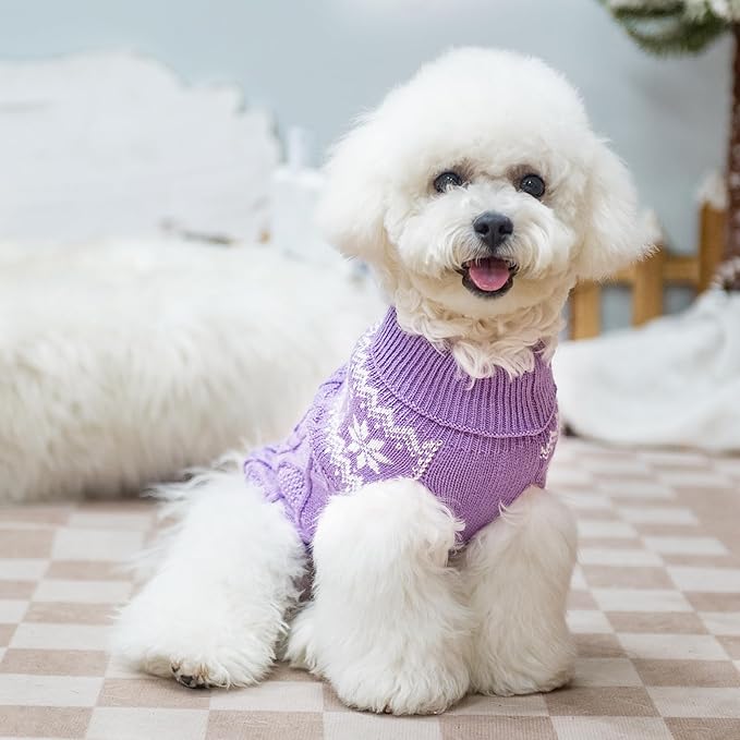 Warm Winter Dog Sweater - Cold Weather Pet Clothes for Small Medium Large Dogs Indoor Outdoor, Soft Classic Knit Puppy Apparel, Purple, SM
