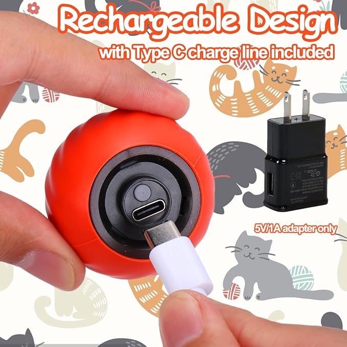 Interactive Cat Toy Ball - Motion-Activated, USB Rechargeable Cat Toys for Indoor Cats with Anti-Scratch Cover & 2 Changeable Tails - Enrichment Toy for Active Cats & Kittens