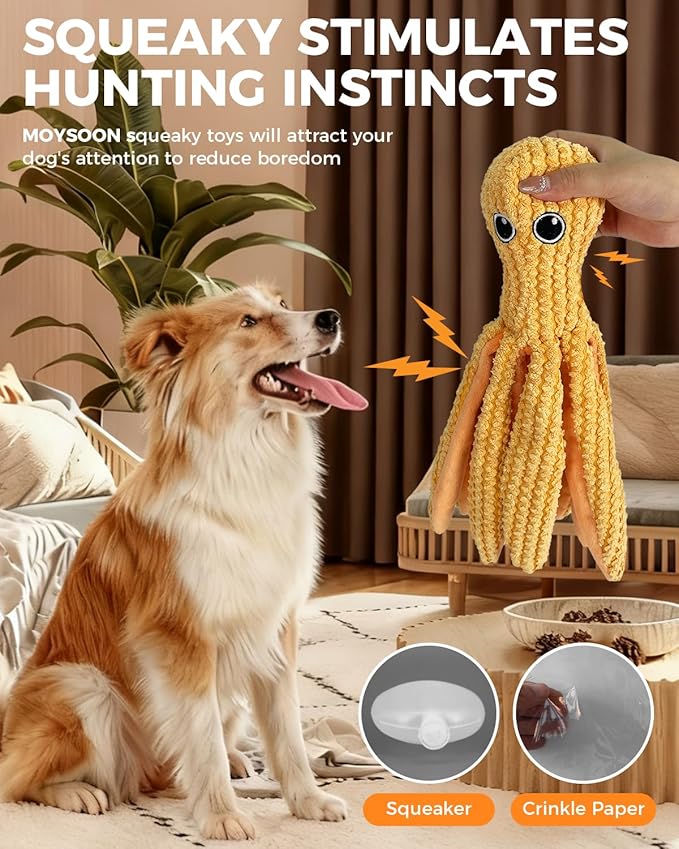 Crinkle Squeaky Dog Toys for Large Dogs, Durable Plush Chew Toys for Aggressive Chewers, Interactive Tug of War Toy, Teething Gift to Keep Them Busy and Relieve Boredom (Yellow Octopus)