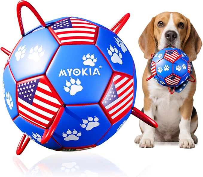 Size 2 Dog Soccer Ball with Straps Durable Training Ball for Pets Interactive Outdoor Dog Toy, Blue & Red, Paw Prints Flag Design, for Small to Medium Puppies, Pet Supplies