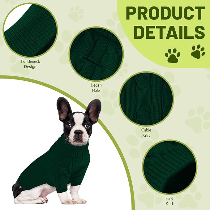 Small Dog Thermal Pullover Sweater, Classic Turtleneck Cable Knitwear Dog Clothes for Cold Weather Warm Pet Clothes for Chihuahua, Bulldog, Dachshund, Pug Green X-Large