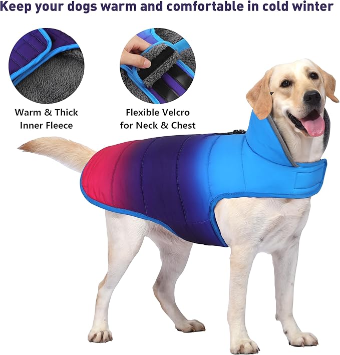 Dog Winter Coat, Waterproof Dog Jacket with Leash Hole, Reflective Adjustable Pet Snow Vest, Warm Fleece Sweater for Small Medium Large Dogs - Gradient Blue, L