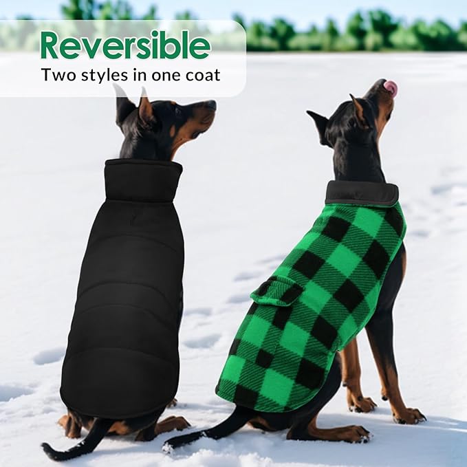 ASENKU Dog Winter Coat, Fleece Doggie Jacket Plaid Reversible Vest Waterproof Windproof Cold Weather Clothes for Small Medium Large Dogs (S, Green)