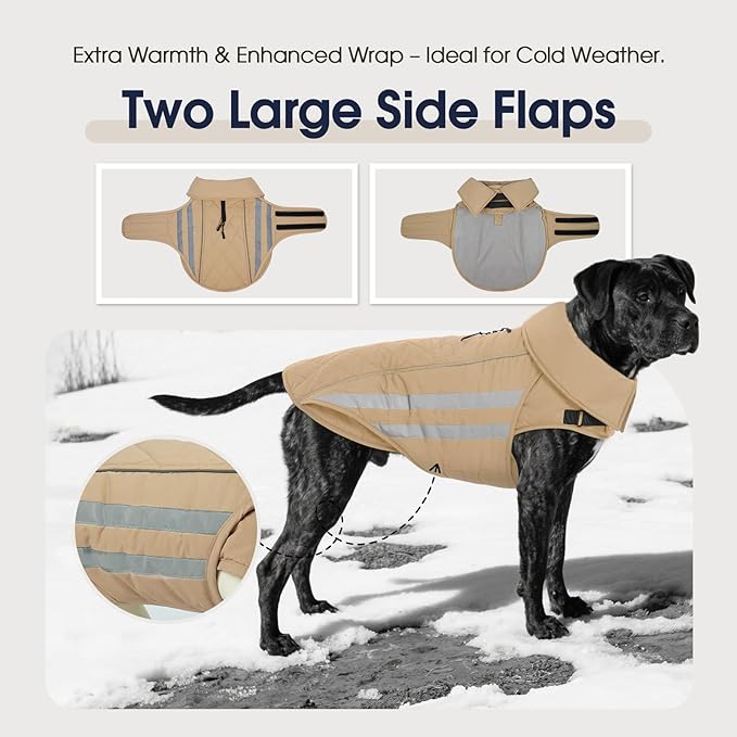 IECOii 4XL Dog Jacket Waterproof Winter - Warm Fleece Lining Jackets for Dogs, Reflective & Adjustable Snow Coat, Mashine Washable, Khaki, Sizes XXXXL