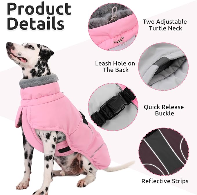 Queenmore Dog Jackets for Large Dogs, Fleece Dog Coats, Windproof Winter Large Breeds Jacket Winter, Reflective Pet Jackets, Pink, XXXL