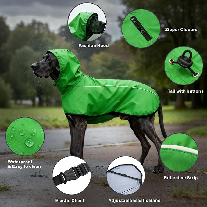 Mosucoirl Dog Raincoat Jacket Reflective Adjustable Hooded Pet Poncho Rain Coats with Leash Hole Waterproof Clothes for Small Medium Large Dogs (Green, S)