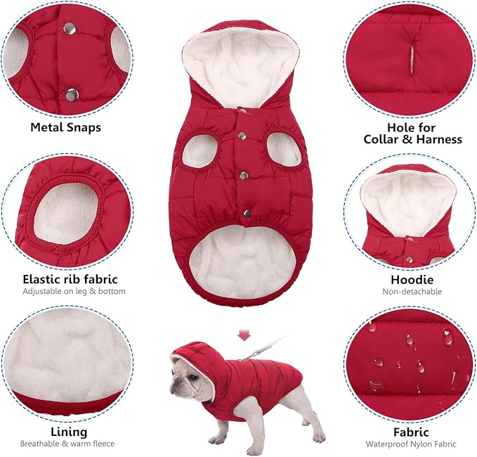 Fleece Hoodie, Windproof Waterproof Coat, Winter Warm Jacket, Cold Weather Pet Apparel Clothes Vest for Small Medium Large Dogs (M, Red)