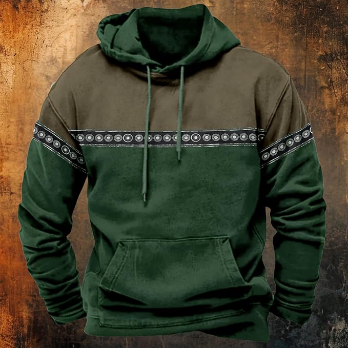 HOTYD Mens Western Aztec Sweatshirts Long Sleeve Fall Fashion Drawstring Pullover Vintage Graphic Cowboy Hoodie for Men