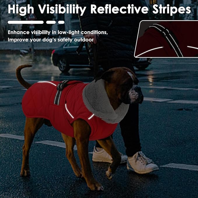 Dog Coat, Waterproof Dog Winter Jacket with Adjustable Buckle, Reflective Turtleneck Pet Snow Vest Warm Fleece Sweater for Small Medium Large Dogs - Red, 2XL
