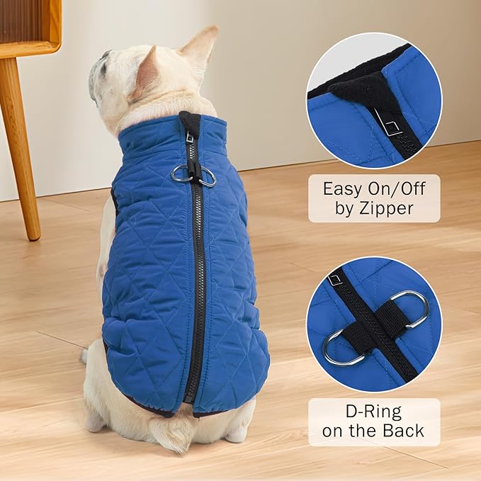 SCENEREAL Winter Dog Vest Coat with Harness Built in, Warm Puppy Jacket for Small Medium Dogs, Cold Weather Coat with Zipper, Fleece Puffer Vest Windproof Snow Clothes, Blue L