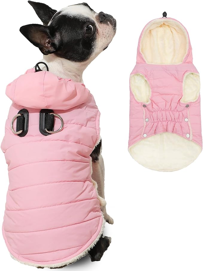 Fleece Lining Dog Hoodie with Harness Built in,Extra Warm Small Dog Jacket in Winter Puppy Coats with Drawstring Hooded,Light Pink S