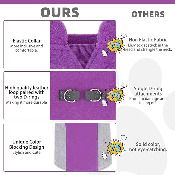 KOOLTAIL Small Dog Sweater - Dog Fleece Vest Jacket with Leash D-Ring for Small Medium Dogs, Soft Pullover Winter Warm Cold Weather Coats, Pet Fall Clothes Outfit for Puppy Cat Boys&Girls, Purple S