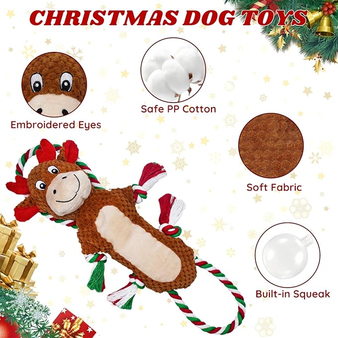 Christmas Squeaky Reindeer Dog Toys-Tug of War Dog Toy for Puppy- Keep Them Busy and Entertained- Interactive Pet Toys for Small & Medium & Large Breeds