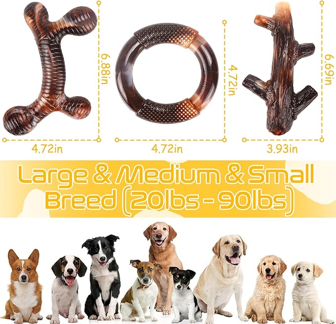 Zimtty Dog Toys, 3 Pack Indestructible Dog Chew Toys for Aggressive Chewers, Tough Nylon Real Bacon Flavor Teething Chew Toys for Large Medium Small Dog Breeds (Brown1)