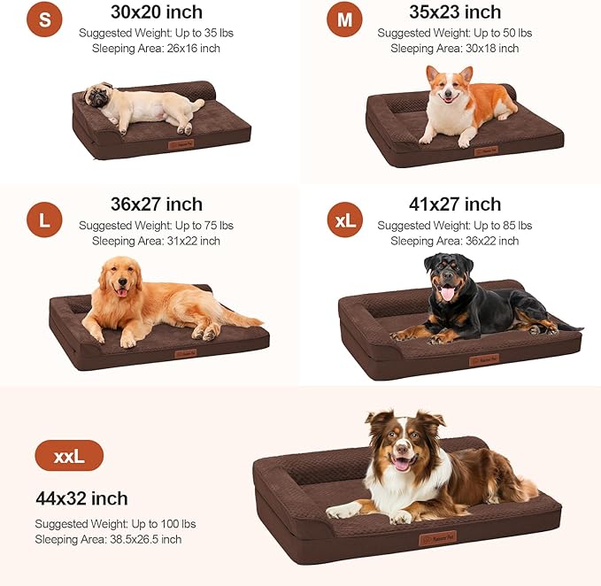 Orthopedic Dog Beds Large Sized Dog, Memory Foam Pet Bed for Large Dogs, Washable Removable Cover, Nonskid Bottom, Waterproof, 44x32x6 Inches, Brown Grey